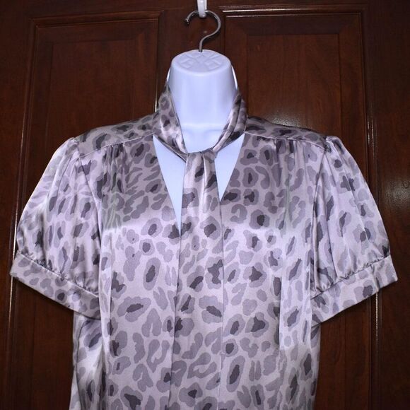 INC Silk Leopard Print Blouse Sz 14 L Gray Silver Button Up Chic Animal Print - Picture 5 of 16